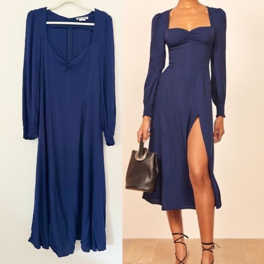 Reformation Hunt Midi Dress Navy Danube Blue Side Slit Sweetheart Women's 10